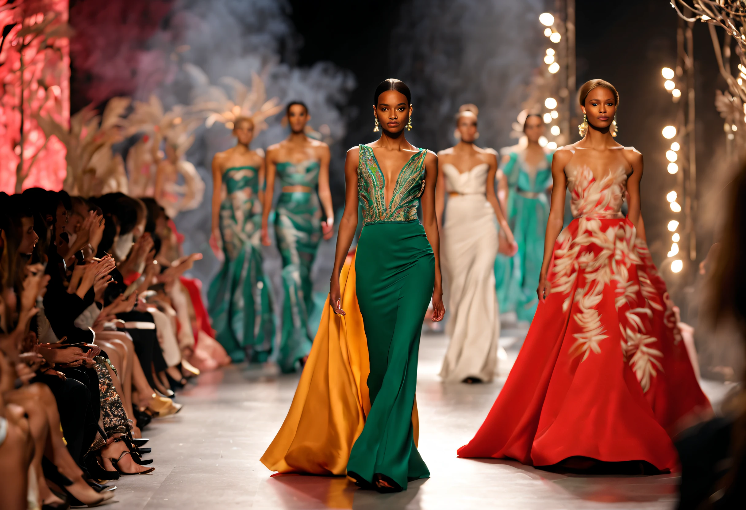 A glamorous fashion show, with a runway stretching as far as the eye can see, (best quality, 4k, highres, masterpiece:1.2) showcasing an array of stunning outfits. The models are walking confidently, flaunting their meticulously designed clothing, each with unique embellishments and intricate details. The clothes shine brilliantly under the (studio lighting:1.1), highlighting every contour and texture. The atmosphere is vibrant, with a (colorful, vivid, lively) color palette accentuating the garments. The stage is adorned with elegant decorations, adding a touch of sophistication to the event. (HDR:1.1) technology is used to enhance the image quality, bringing out the true beauty of the scene. The models have exquisitely styled hair and wear fashionable makeup that accentuates their features, adding to their overall allure. They have (poise and grace:1.1) as they glide down the runway, showcasing their (beautiful detailed eyes:1.1) and (beautiful detailed lips:1.1), perfectly capturing the attention of the audience. The theme of the fashion show reflects the latest trends, blending contemporary and classic elements seamlessly. The audience is captivated by the stunning designs, their eyes fixed on the models as they strut confidently. The energy in the room is palpable, a sense of anticipation filling the air. People are applauding and gasping in awe at the extraordinary garments on display. The lighting is carefully crafted, casting a (soft, glamorous) glow on the runway, accentuating the models' movements. The (bokeh:1.1) effect adds a dreamlike quality, creating a magical atmosphere. The whole scene is (ultra-detailed) with sharp focus on every garment, capturing every intricate design element. The result is a (realistic, photorealistic:1.37) representation of an awe-inspiring fashion show. Overall, this prompt captures the essence of a high-end fashion show, with its attention to detail, vibrant colors, and impeccable style. With this prompt, Stable Diffus