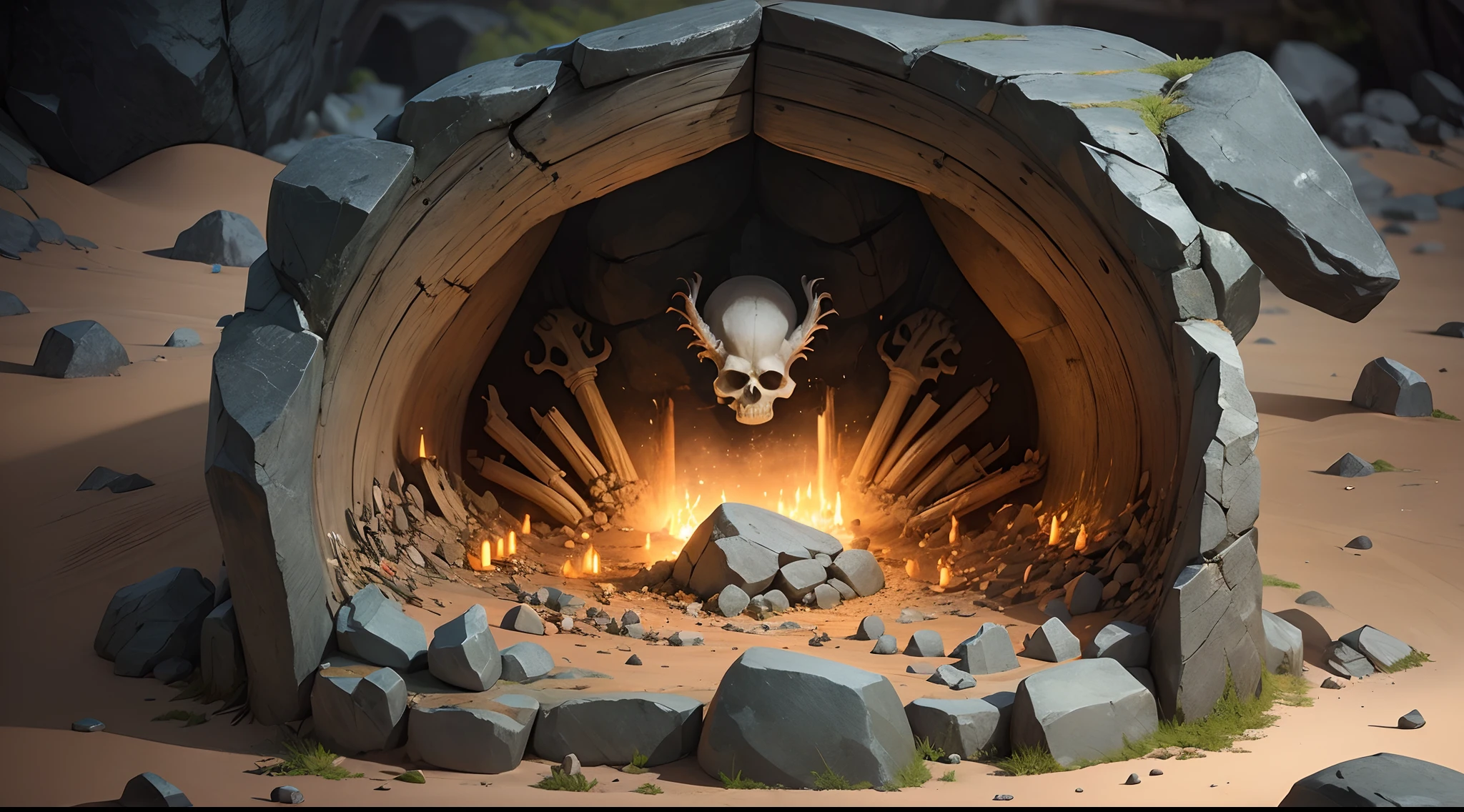 imagine a Rocky cave tomb of a viking squad with a burial chamber inside, lot of skeleton have a board with letters in the order V, I, K, I, N, G, 👽 T, A, L, E --auto --s2