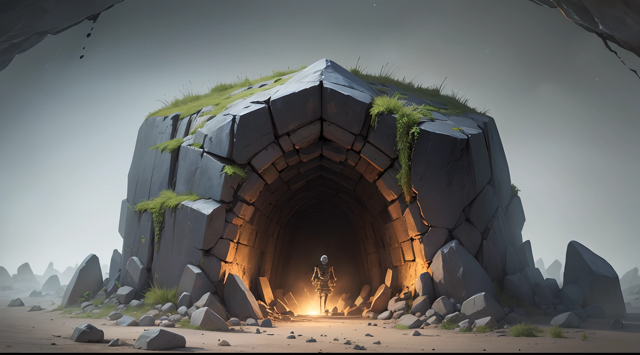 imagine a Rocky cave tomb of a viking squad with a burial chamber inside, lot of skeleton have a board with letters in the order V, I, K, I, N, G, 👽 T, A, L, E --auto --s2