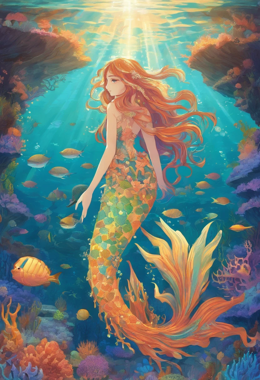goddess of the sea,mermaid,Beautiful ocean,Tranquil underwater scene,Flowing seaweed,Shimmering scales,Pearlescent tail,Ethereal beauty,Sunlight is filtered through the water,Sparkling marine life,the reef,Fish swim gracefully,fantastical creature,Turquoise waters,Dancing with dolphins,Salty sea breeze,Magic Shells,Sparkling treasure,Deep-sea exploration,Fabulous existence,Peaceful and magical,Underwater Kingdom,A radiant underwater paradise,Float in a sea of tranquil dreams,Secrets of the Deep Sea,seaside serenity,Serenade of the waves,Harmony between land and sea,The seabed is covered with colorful flora and fauna,Charming songs of mermaids,Playful sea creatures,Rainbow-colored fish,Glittering starfish,Coral Gardens,Gentle waves crash against the rocky cliffs,The tranquility of the endless horizon,Escape into the deep blue abyss,Colorful coral formations,Fantastic underwater landscape,The depths of mystery,Bright moonlit night on the sea.