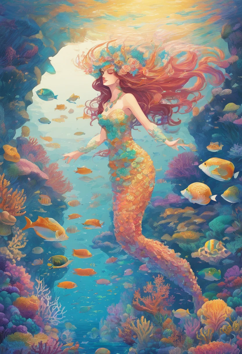 Create an awe-inspiring oil painting that captures the enchanting beauty of a Japanese mermaid gracefully gliding through the depths of the ocean. Using bold and expressive brushstrokes, convey the fluidity and movement of the water as it swirls around the mermaid's ethereal form.

Imagine a scene where the mermaid emerges from the depths, her long, flowing hair cascading like seaweed around her luminous figure. Her eyes shimmer with wisdom and mystery as she gazes into the distance, beckoning viewers into the enchanting world beneath the waves.

With masterful strokes of the brush, depict the intricate details of the mermaid's scales, shimmering with iridescent hues of blue and green. Let the play of light and shadow dance across the canvas, evoking the ever-changing currents of the ocean depths.

In the background, paint a panorama of coral reefs, swaying sea plants, and exotic marine life, creating a vibrant tapestry of color and movement that surrounds the mermaid in her watery domain.

As viewers gaze upon the painting, they are transported into a world of magic and wonder, where the boundary between reality and myth fades away. "Song of the Deep" is not merely a painting—it is a mesmerizing symphony of color, texture, and emotion that celebrates the timeless allure of the sea and the mysterious beauty of the Japanese mermaid.