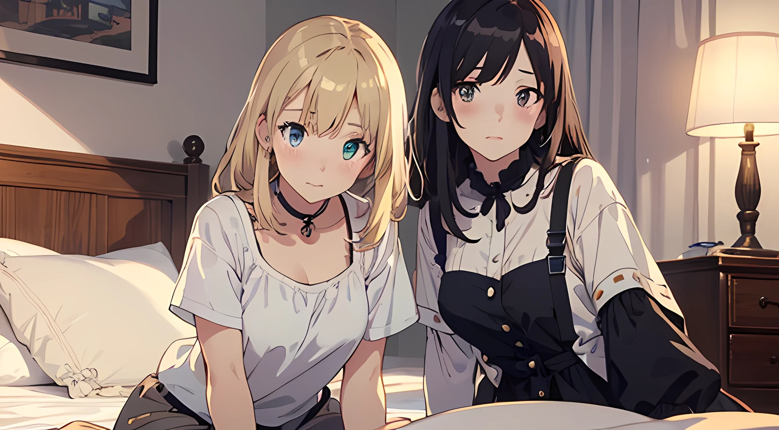 2 girls, (beautiful eyes finely detailed, detailed face, different hair lengths, different hair colors, different eye colors), wearing different style outfit, sit on the bed, full body, teasing facial expression, looking at the camera, blush on their face, bedroom, master piece, noon time, top-quiality, detailed, High Resolution anime illustration