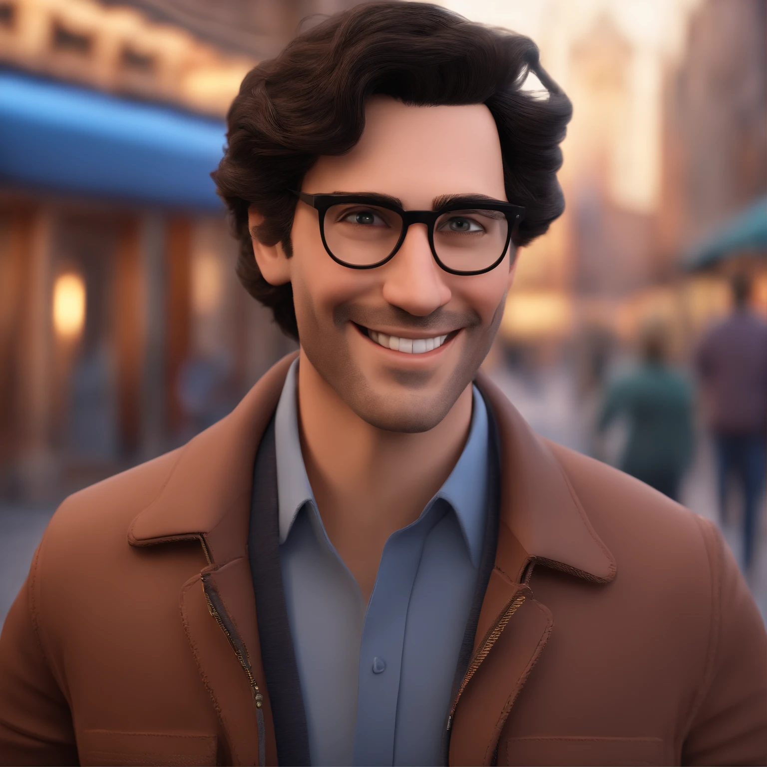 A happy white 36 year old man with glasses brown eyes with slightly wavy black hair , em um fundo branco. The artwork is inspired by Pixar's style and has a vivid color palette. The boy's face is highly detailed, com recursos lindamente renderizados. Image quality is of the highest level, with 16k resolution. The scene is a 3D composition, resembling a character from an animated film like Avengers. The man's cheerful expression and energetic posture reflect the essence of youth.