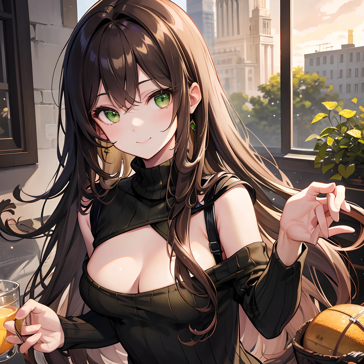 A stunning masterpiece of high-resolution portraits of long beautiful and detailed girls, Shiny brown hair and seductive green eyes, Wearing a cozy sweater、Flashes a gorgeous smile that highlights her small but perfectly formed breasts.