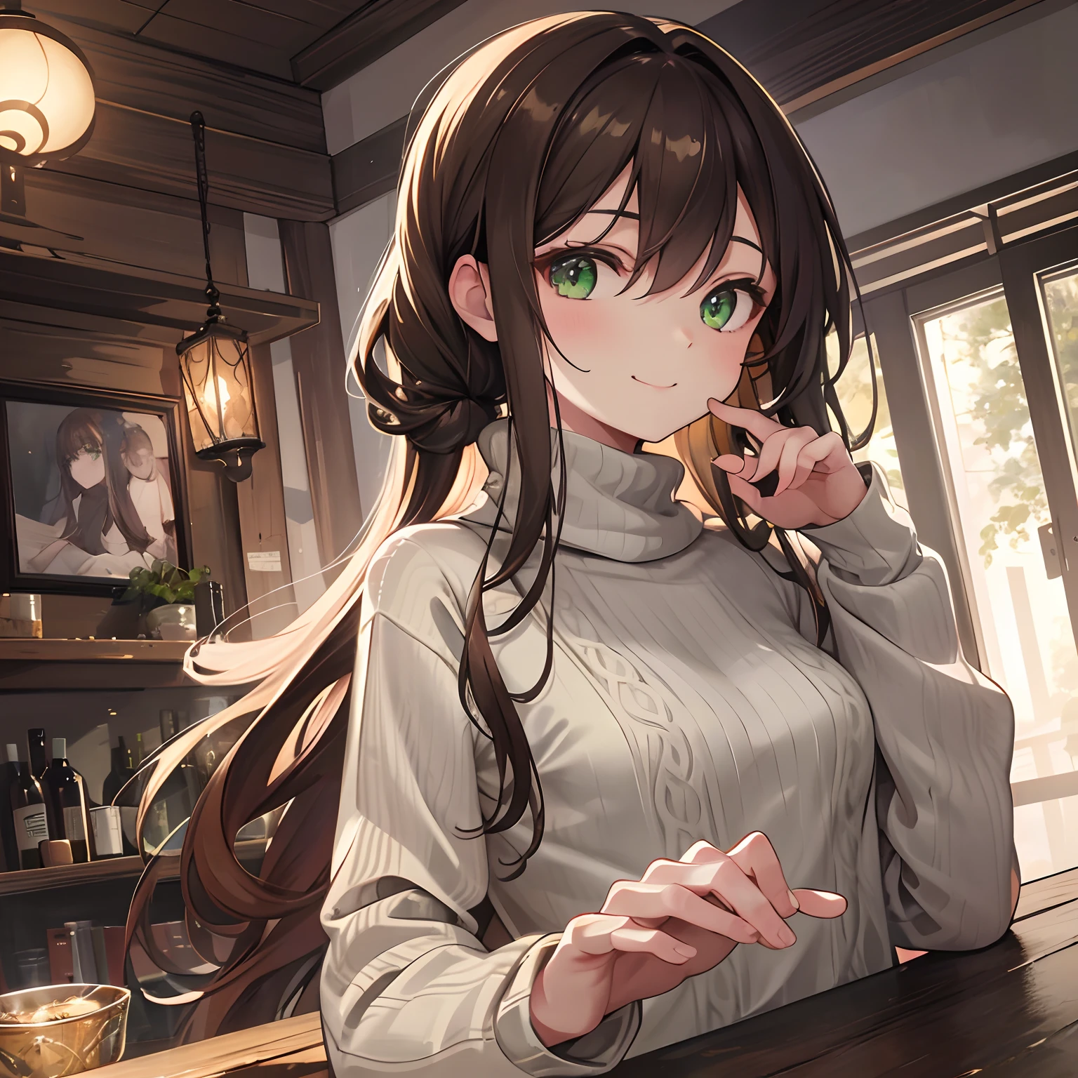 A stunning masterpiece of high-resolution portraits of long beautiful and detailed girls, Shiny brown hair and seductive green eyes, Wearing a cozy sweater、Flashes a gorgeous smile that highlights her small but perfectly formed breasts.