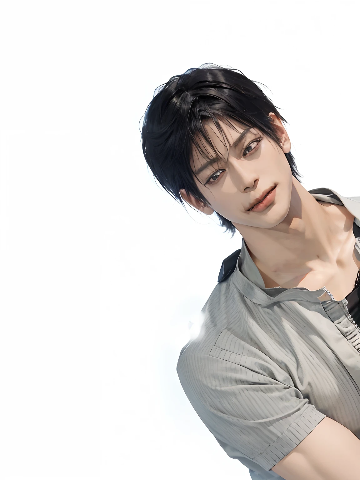 1man, toji fushiguro in anime jujutsu kaisen, short hair , black hair ,black eyes, smile, handsome, black clothes, realistic clothes, detail clothes, white background, ultra detail, realistic