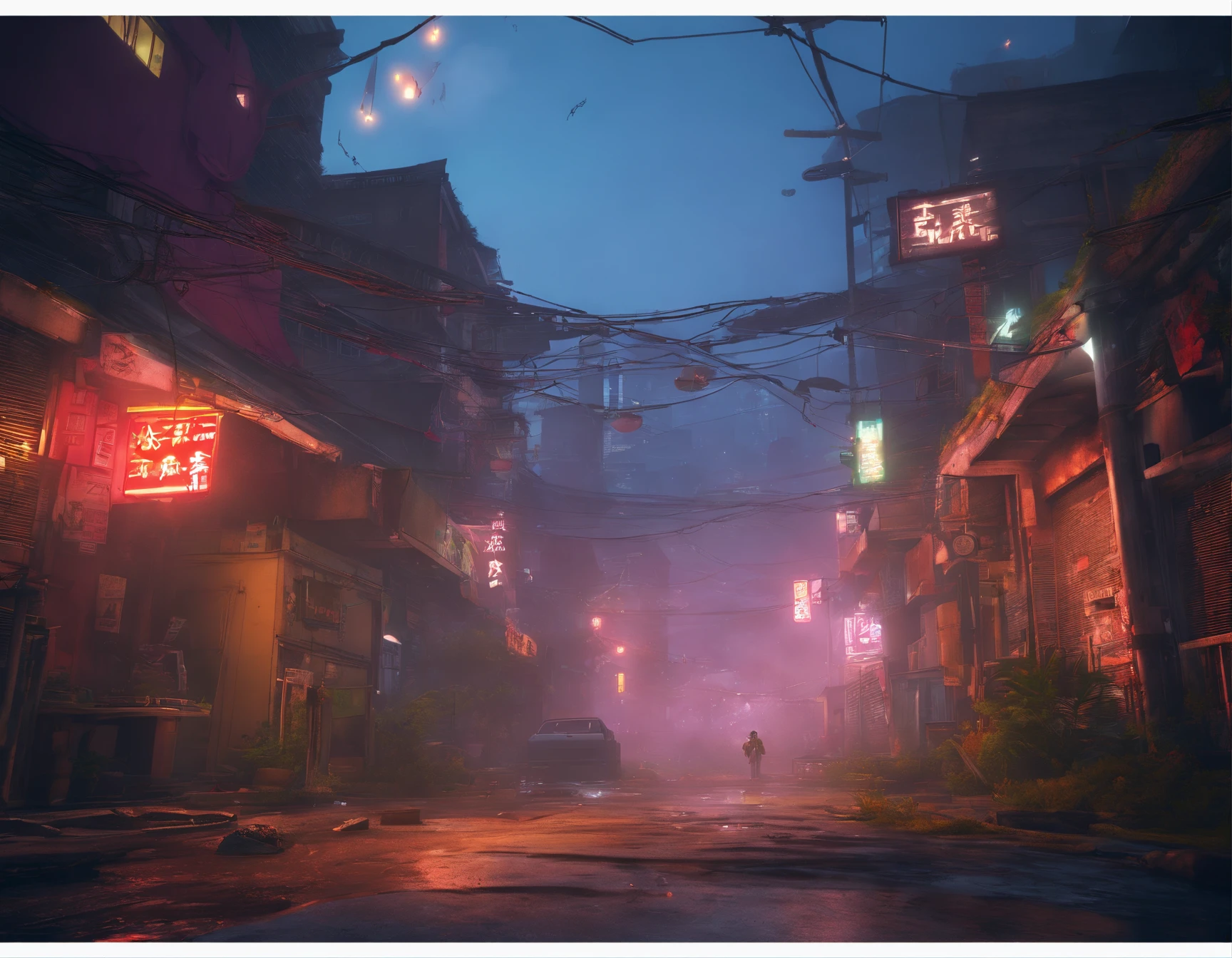 wall-paper, (fantasy-inspired), 夏天, Back alley, zori, wet street surface, Foggy, Dawn background, ((cyberpunked)), depth of fields, HD Detail, Hyper-detailing, Cinematic, softlight, Deep field focus bokeh, Ray traching,