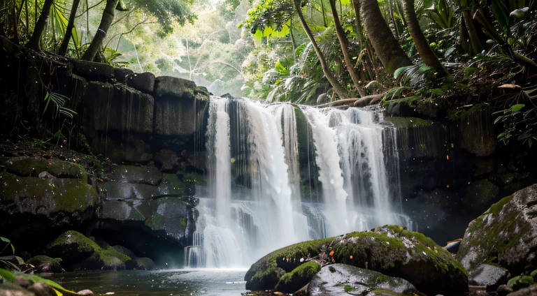 a hyper realistic photography of the Seven Wells Waterfall in Langkawi, Nikon D850 DSLR 4k camera, 100mm lens, F 1.2 aperture setting, bright and natural lighting, vibrant, fun and relaxing atmosphere