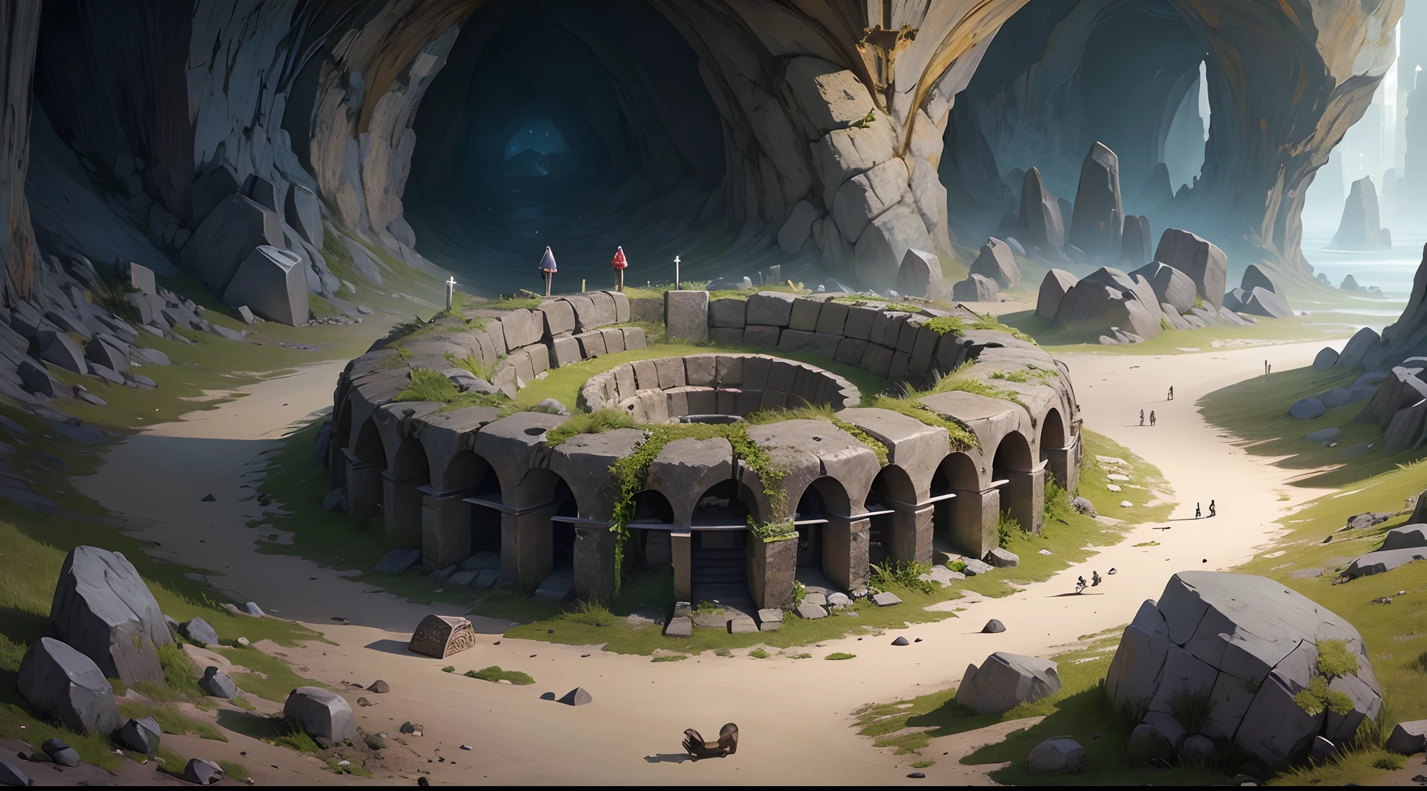 imagine a Rocky cave tomb of a viking squad with a burial chamber inside, lot of skeleton have a board with letters in the order V, I, K, I, N, G, 👽 T, A, L, E --auto --s2
