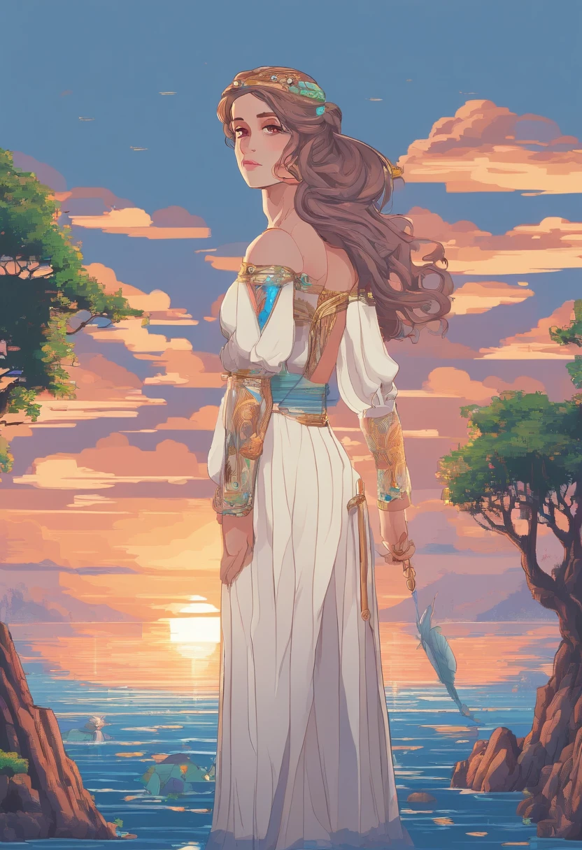 (Best quality,4K,8K,A high resolution,Masterpiece:1.2),Ultra-detailed,(Realistic,Photorealistic,photo-realistic:1.37),narrative,Mature woman,Poseidon,illustration,Gentle expression,Beautiful detailed eyes,beautiful detailed lips,Flowing hair,tranquil ambiance,Warm lighting,Sea background,Vivid colors,Concept artist,mito