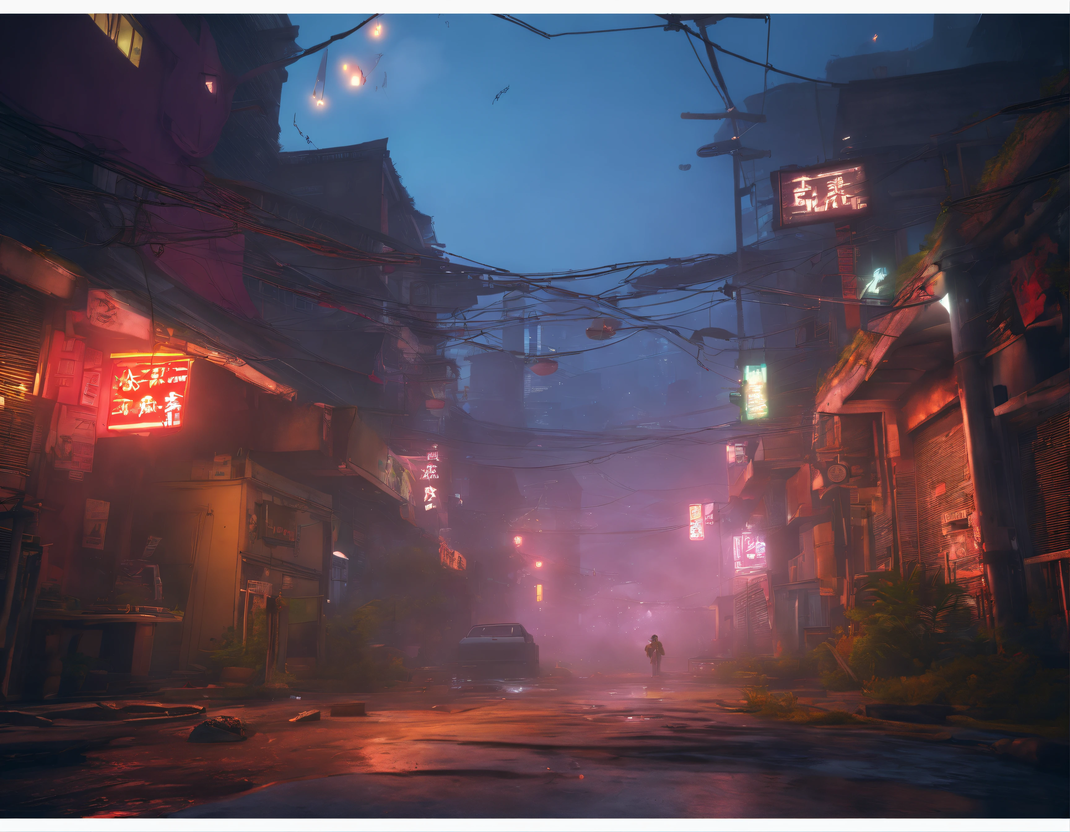 wall-paper, (fantasy-inspired), 夏天, Back alley, zori, wet street surface, Foggy, Dawn background, ((cyberpunked)), depth of fields, HD Detail, Hyper-detailing, Cinematic, softlight, Deep field focus bokeh, Ray traching,