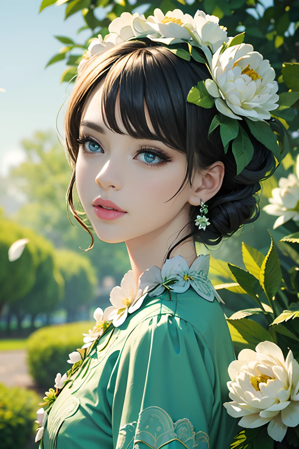 (high quality, 8K, CG, Upper body details, girl, Floral Dress, forest background, detailed facial features, Elegant black hair, almond green eyes, Detailed eye makeup, long eyelashes fluttering, blinking big eyes, twinkling stars, Intricate lip details, The style is soft)