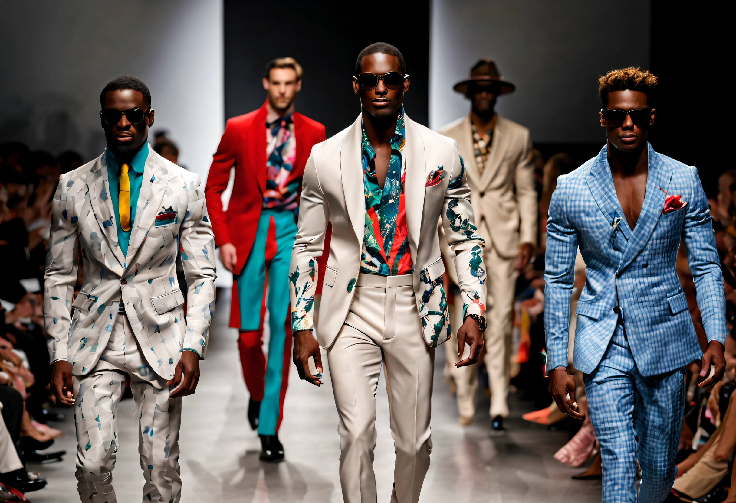 ultra-detailed,professional,fashion show,menswear,runway,model,catwalk,stylish,modern,sleek,designer,high-end,exquisite craftsmanship,vibrant colors,dynamic poses,striking accessories,sharp tailoring,elegant suits,crisp shirts,tailored trousers,contrast patterns,luxurious texture,fine fabrics,attention to detail,unconventional silhouettes,statement pieces,bold prints,fashion-forward,handsome male models,confident expressions,celebration of style,sophisticated atmosphere,dramatic lighting,synchronized movements,front row A-list celebrities,exclusive event,dressed to impress,couture elegance,glamorous ambiance