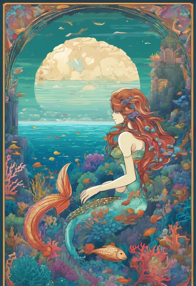 Goddess of the sea,mermaid,Beautiful ocean,Tranquil underwater scene,Flowing seaweed,Shimmering scales,Pearlescent tail,Ethereal beauty,Sunlight is filtered through the water,Sparkling marine life,the reef,Fish swim gracefully,fantastical creature,Turquoise waters,Dancing with dolphins,Salty sea breeze,Magic Shells,Sparkling treasure,Deep-sea exploration,Wonderful presence,Peace and magic,Underwater Kingdom,A radiant underwater paradise,Float in a sea of tranquil dreams,Secrets of the Deep Sea,seaside serenity,Serenade of the waves,Harmony between land and sea,The seabed is covered with colorful flora and fauna,Charming songs of mermaids,Playful sea creatures,Rainbow-colored fish,Glittering starfish,Coral Gardens,Gentle waves crash against the rocky cliffs,The tranquility of the endless horizon,Escape into the deep blue abyss,Colorful coral formations,Fantastic underwater landscape,The depths of mystery,Bright moonlit night on the sea.