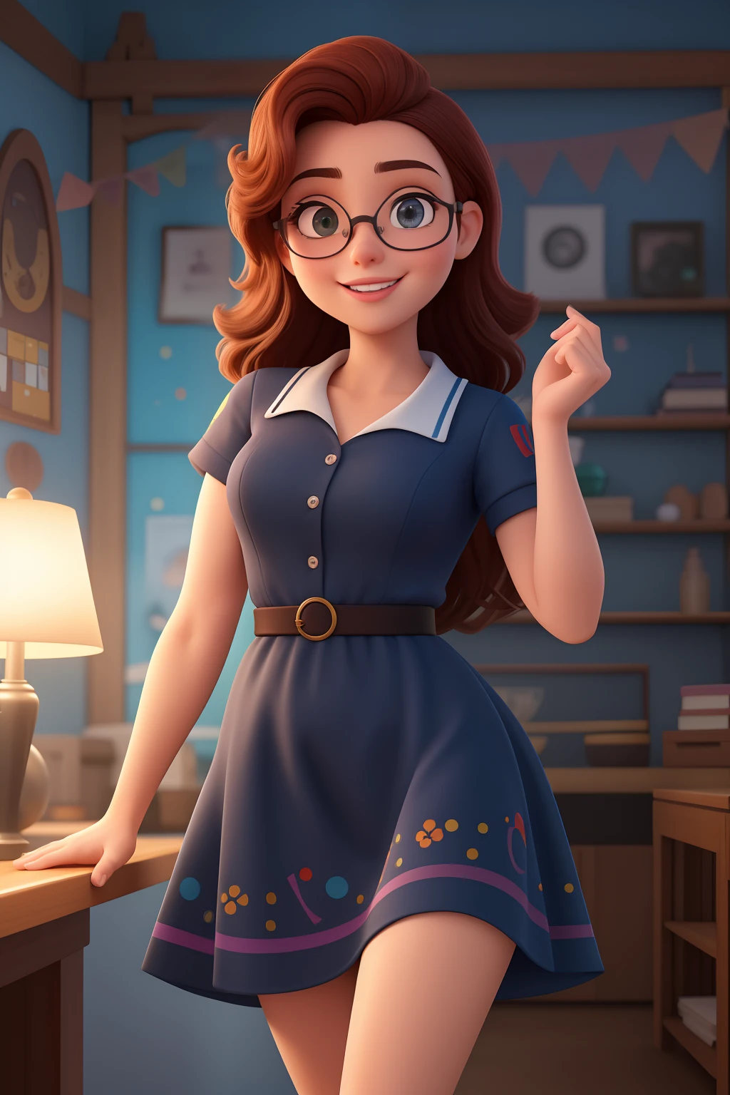Desenhe estilo pixar ou Disney Uma mulher de 28 anos, pele clara com longos cabelos castanhos escuros , Rosto redondo, sorriso encantador, e olhos castanhos, em uma sala de fundo azul claro, studio lighting, Production Engineering Student . She's wearing a pinup dress of a light shade, tem cintura fina e seios fartos, wears black-framed glasses with clear lenses