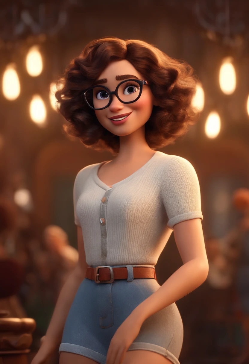Pixar style image with 3D character white glasses brunette woman short curly hair dancing, Maquiagem Disney,Pescador, bonitinho, sorridente ,Close-up, Pixar, Disney, Cinema lighting,
