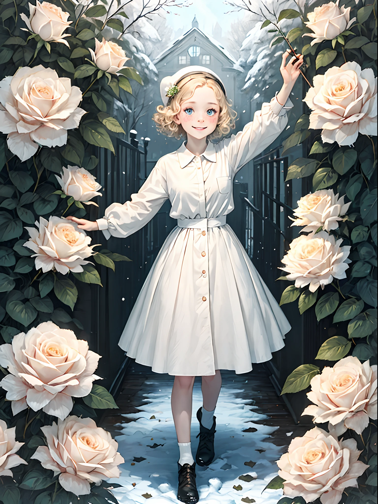 highest quality, pale skin, (face and eyes detail: 1.2), 1 girl, very delicate and beautiful girl, light blond, wavy short hair, blue eyes, snub nose, (slightly childish appearance), ((very beautiful)), ( freckles: 0.7), curls, science fiction, whole body, smile, luchy, happy, in the roses garden, whole body, with white flowers , white roses, winter, winter coat, snow, long skirt, white shirt with white skirt,