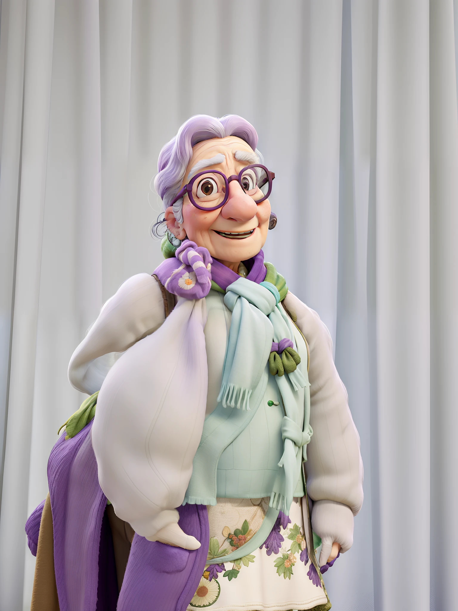masterpiece, best quality, an old woman with glasses and a scarf on, wearing a purple coat and green scarf, standing at the park