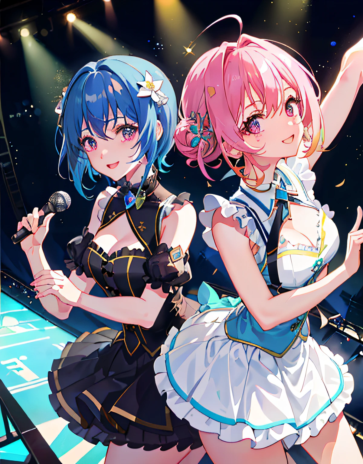 masterpiece、Divine Picture、Trending style、(((Perfect human hands、5Finger)))、The Perfect Human Body、dynamic ungle、The upper part of the body、2 girls、ssmile、Pink eyes、hairs between eyes、(((winc)))、D-cups、cleavage of the breast、striated hair、((((Variety of hair colors:1))))、Variety of hairstyles:1、Twin-tailed、Ultra-detailed gradient hair、Idol costumes、Professional Designer、frilly dress、lovelive、idolmaster、Pedras preciosas、Backstage、The best stage、climax:1、Professional stage、(((Hold the microphone with your left hand and sing emotionally、Overflowing emotions、The best smile)))、singer、vocalist:1、idol、songstress、Professional stage、profetional lighting、Live Lighting、Distract your gaze、Fan Service、Love for fans、(((Satellite view from the audience)))、(((Panchira、Cute panties)))、Blue hair、short-hair、inner colored