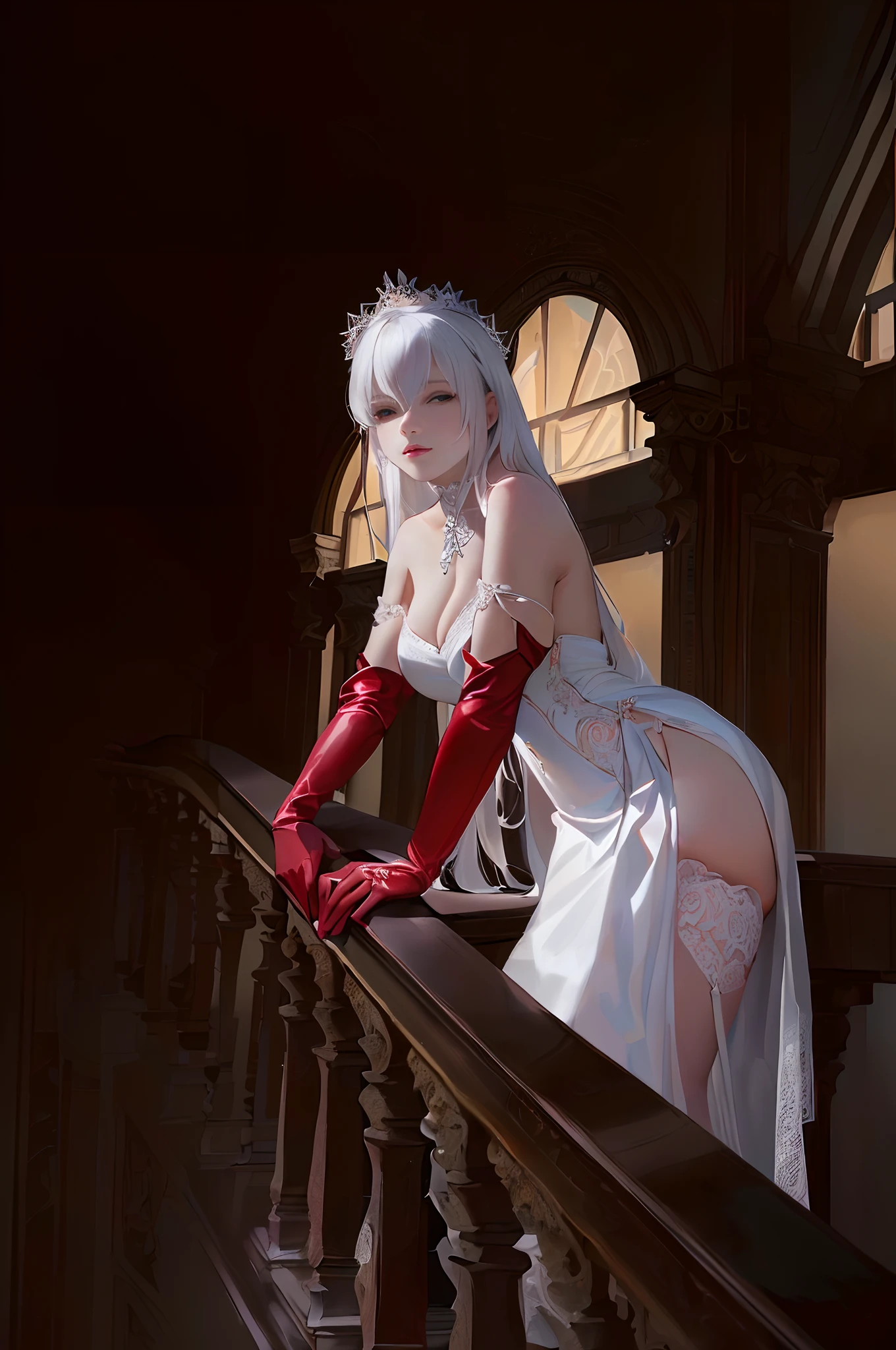 (best quality,highres,masterpiece:1.2),ultra-detailed,realistic,portrait,girl in white dress and red gloves,solo,leaning on railing,elegant glamorous,moody photography,white haired lady,alabaster skin
