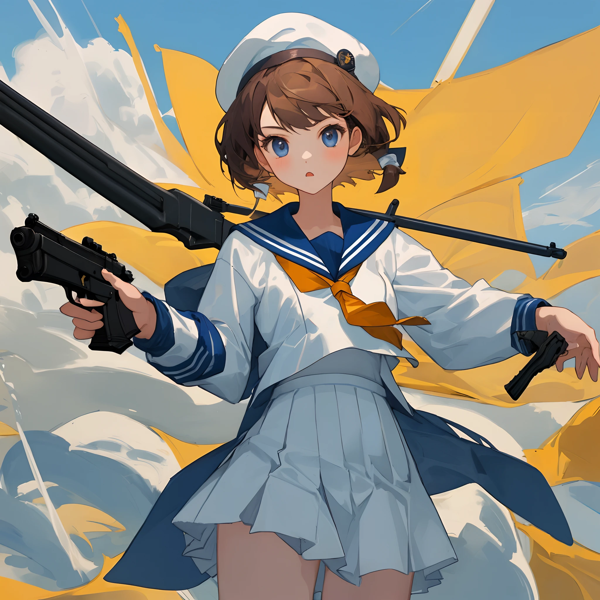 A girl in a sailor suit is holding a gun、The gun has a sword attached to it