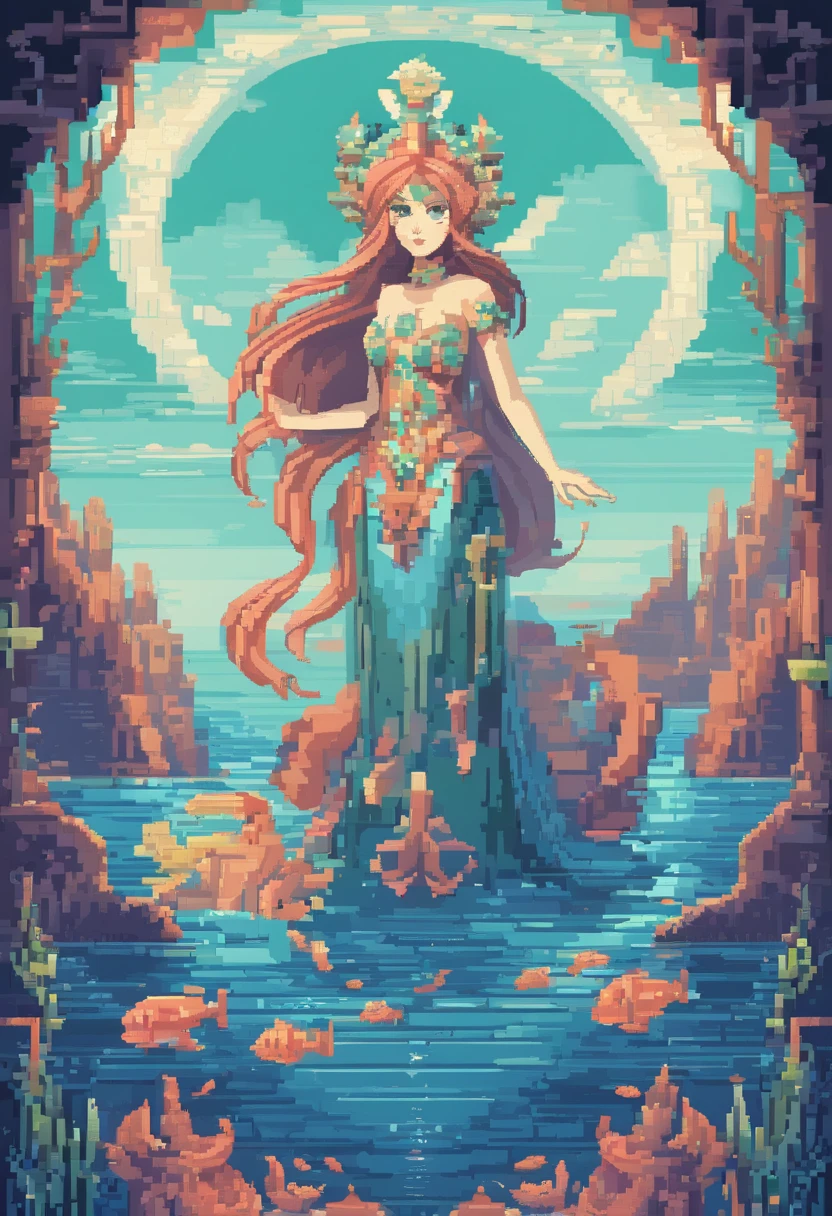(masterpiece, top quality, best quality), pixel,pixel art,A mermaid,sea,thickbody,blue and white ,sit on coral,fullbody