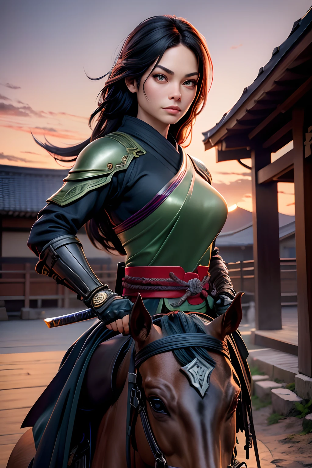 Kristin Kreuk com rabo de cavalo e olhos verdes, como um guerreiro ninja lutando. with a katana in front of a Japanese temple at sunset . Realistic image, pele detalhada, rosto detalhado, hyper realistic.