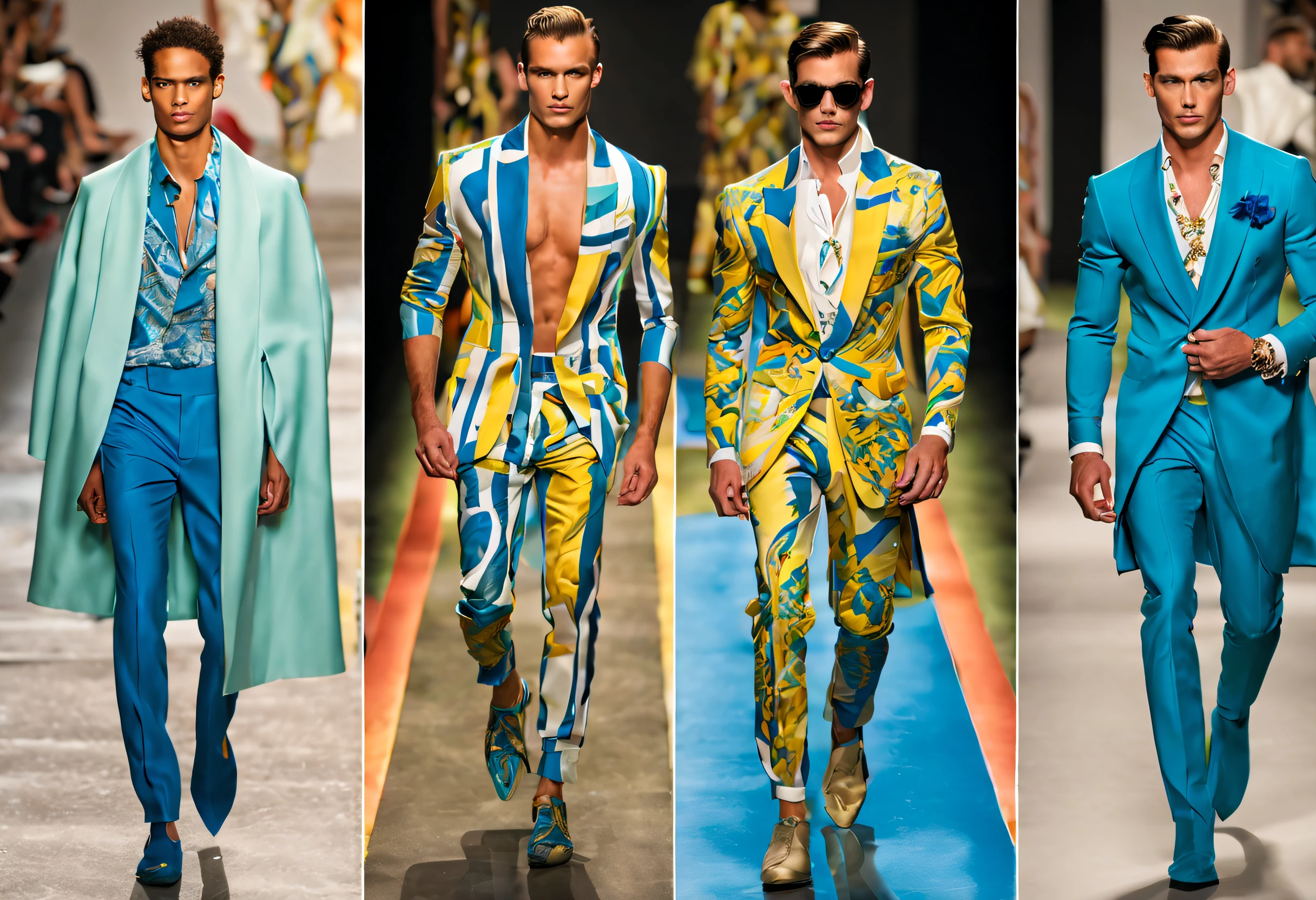 ultra-detailed,professional,fashion show,menswear,runway,model,catwalk,stylish,modern,sleek,designer,high-end,exquisite craftsmanship,vibrant colors,dynamic poses,striking accessories,sharp tailoring,elegant suits,crisp shirts,tailored trousers,contrast patterns,luxurious texture,fine fabrics,attention to detail,unconventional silhouettes,statement pieces,bold prints,fashion-forward,handsome male models,confident expressions,celebration of style,sophisticated atmosphere,dramatic lighting,synchronized movements,front row A-list celebrities,exclusive event,dressed to impress,couture elegance,glamorous ambiance