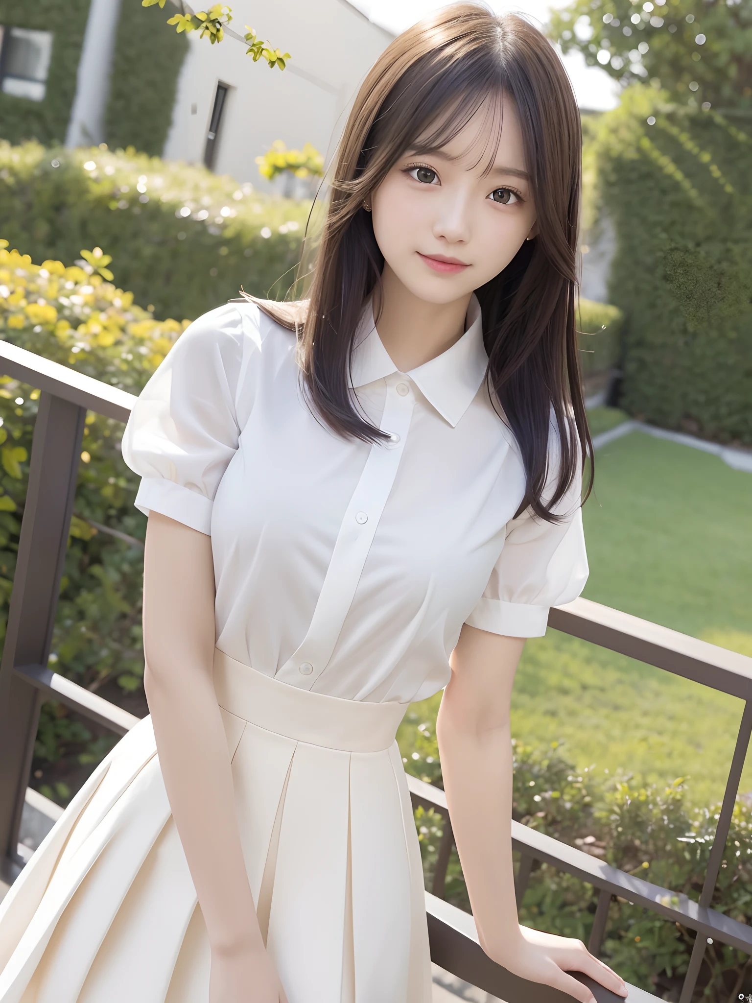 Masterpiece, top quality, official art, highly detailed CG Unity 8K wallpaper, like a girl, very delicate and beautiful, ultra high resolution, (photorealistic: 1.4), golden hour lighting, (upper body), (platinum shorthair: 0.8), (puffy eyes), looking at the viewer, facing the front, smiling, JK skirt, white dress, Shirt Lift Long Black Hair