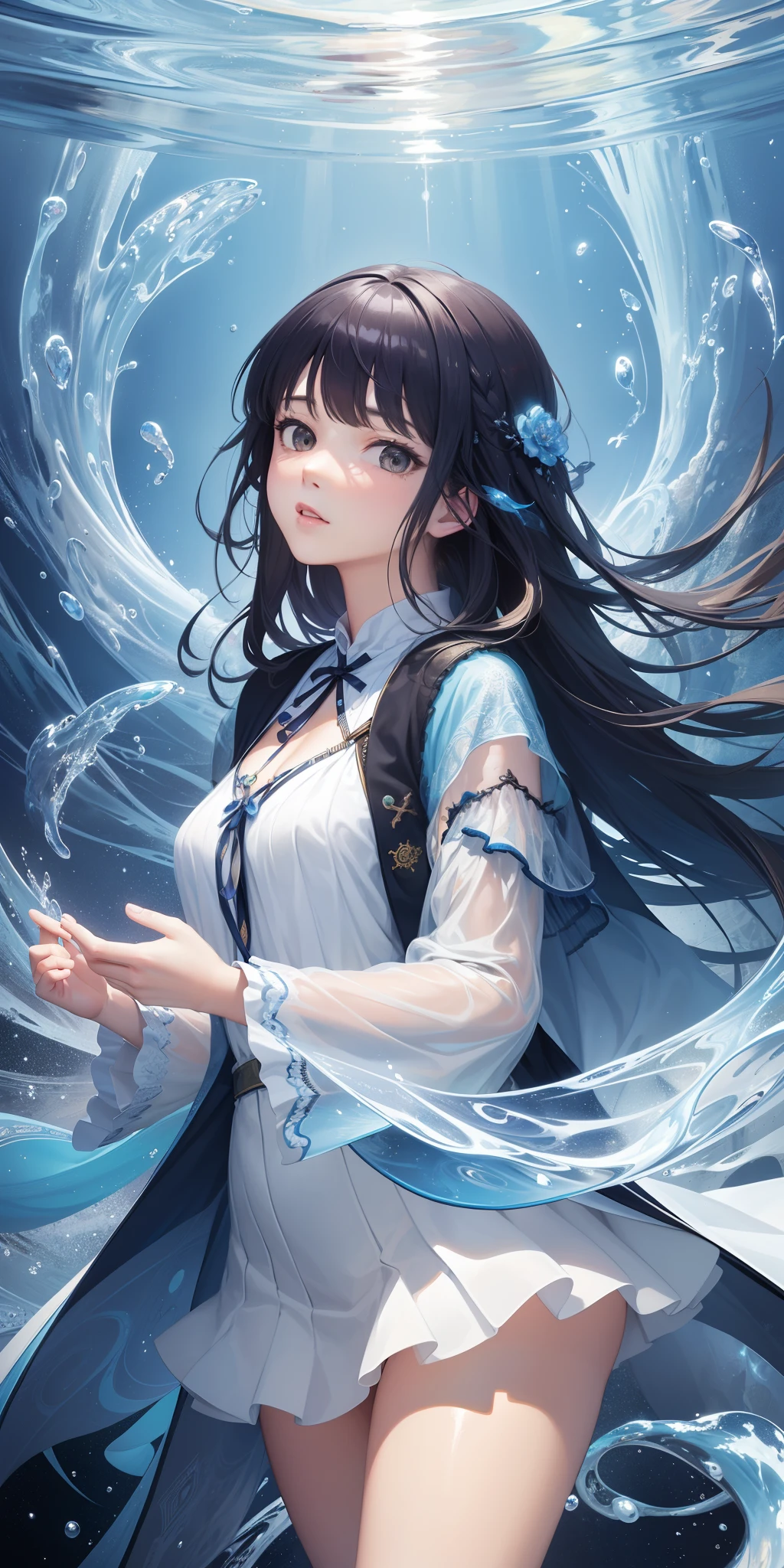 (masterpiece, top quality, best quality, official art, beautiful and aesthetic:1.2), (1girl:1.3), (fractal art:1.3), cowboy shot,
kamisato ayaka, floating water, glowing,