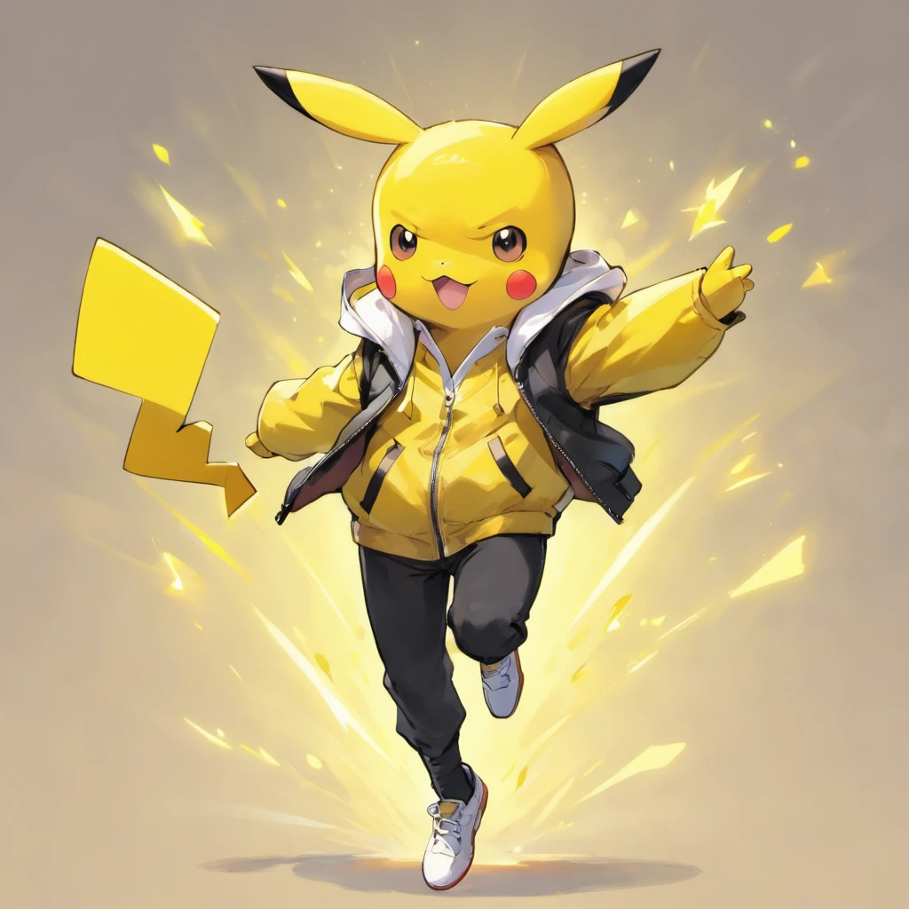 Pikachu wears a white shirt, A yellow jacket, Black pants, and white shoes，Lovely jump，Current surrounds，Body stretching，Brighten skin，HighestQuali，8K