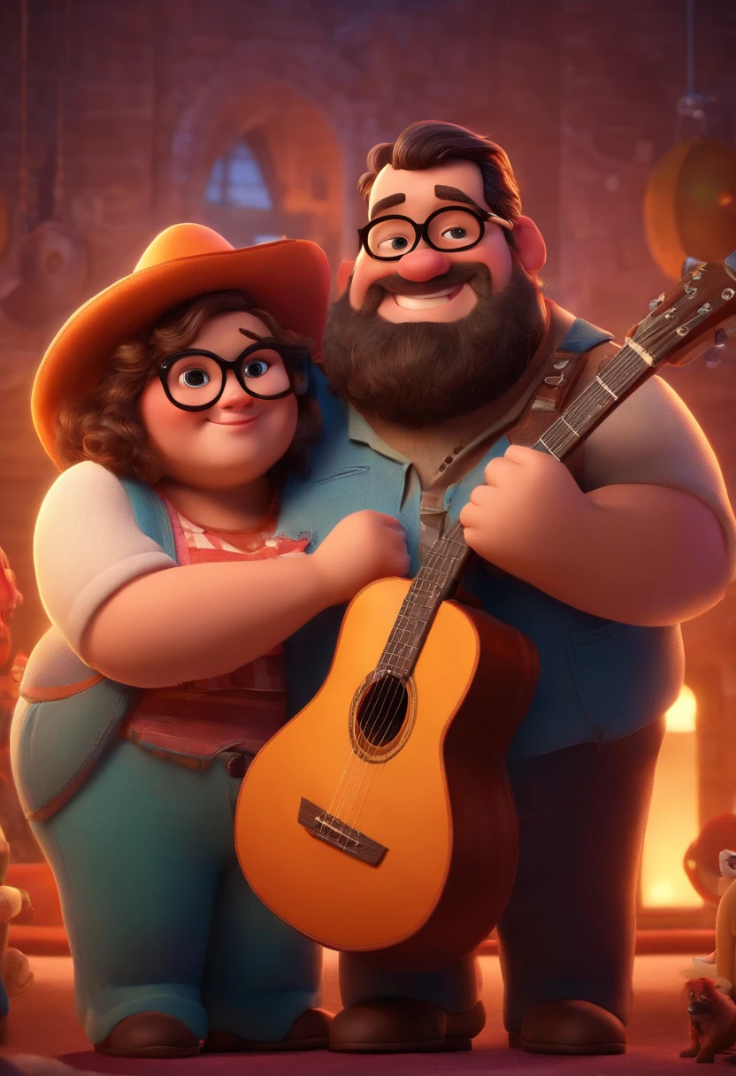 Pixar style image with 2 3D characters, one of them taller with a beard and white hat and another chubby guy with glasses and guitar in hand