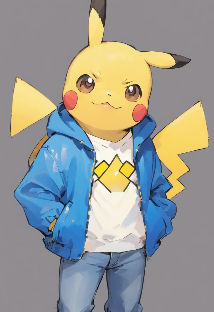 Pokémon: Pikachu wears a white shirt, blue jacket, and blue jeans