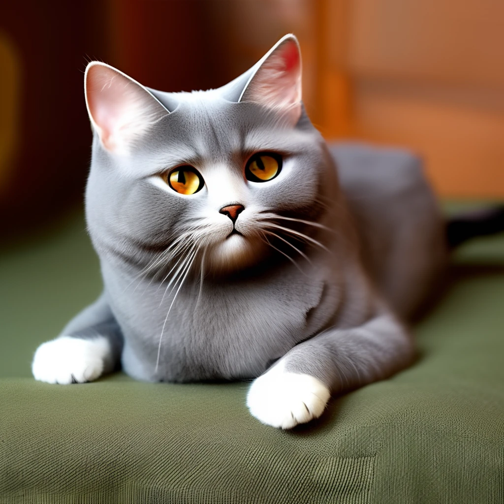 A Disney Pixar movie titled "MUSYA" a gray British Shorthair cat with yellow/orangenen augen