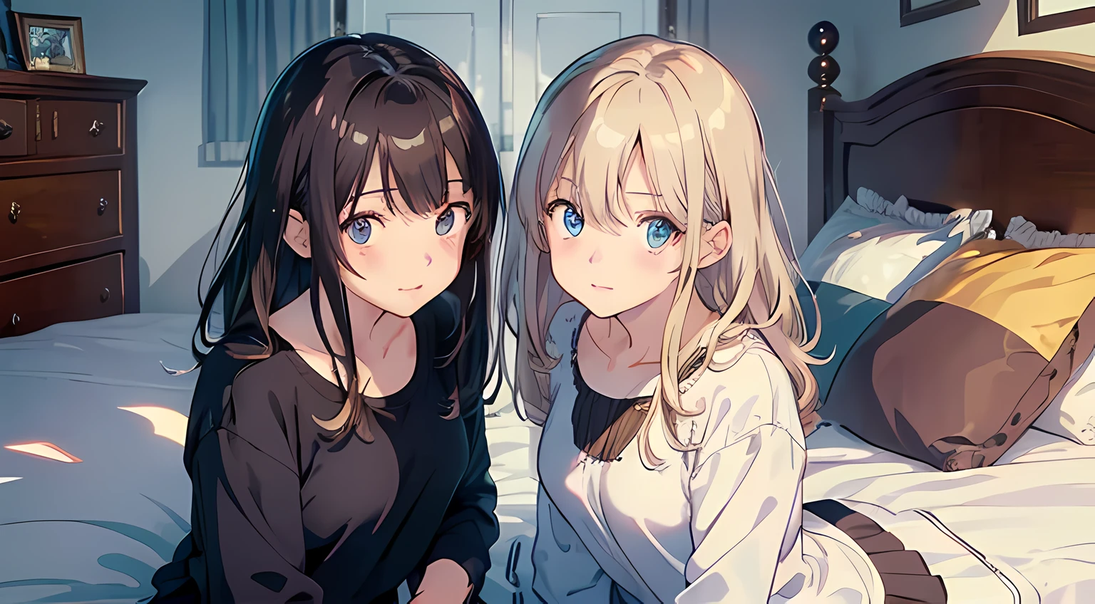 2 girls, (beautiful eyes finely detailed, detailed face, different hair lengths, different hair colors, different eye colors, different style clothes), sit on the bed, teasing each other, full body, teasing facial expression, looking at the camera, blush on their face, bedroom, master piece, noon time, top-quiality, detailed, High Resolution anime illustration