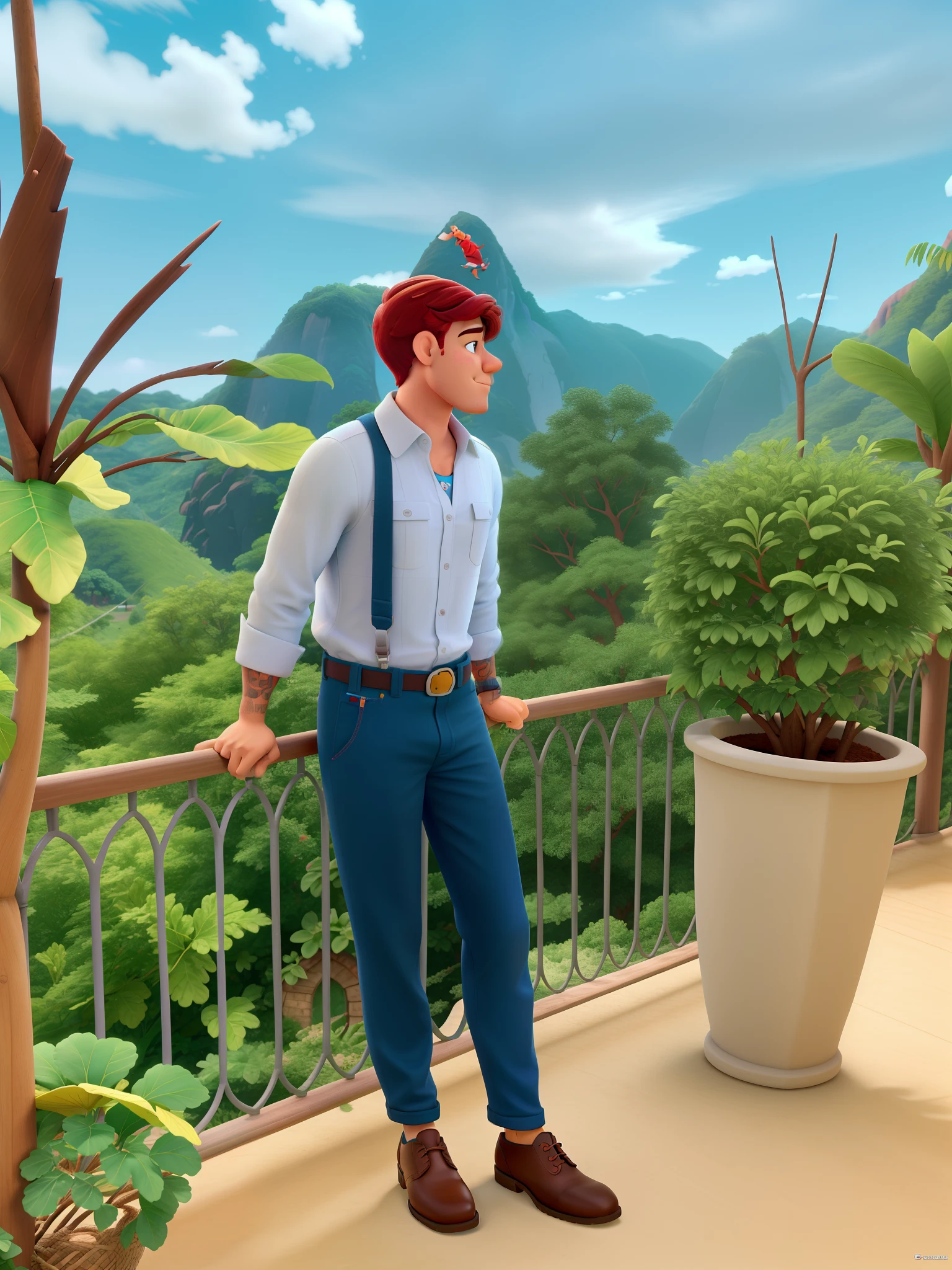 Um homem moreno, na sacada, de costas pro Cristo redentor, estilo disney pixar, alta qualidade, melhor qualidade