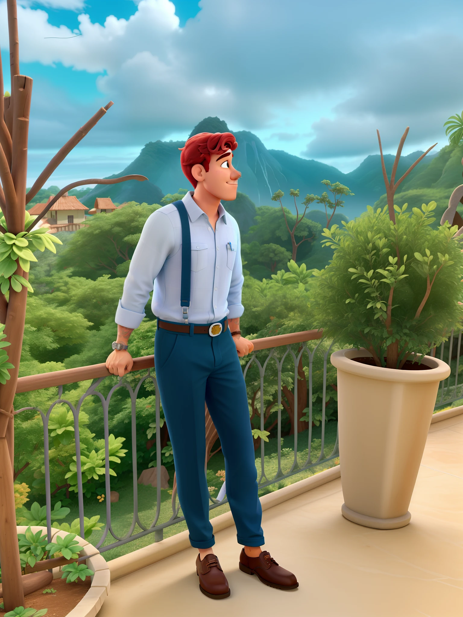 Um homem moreno, na sacada, de costas pro Cristo redentor, estilo disney pixar, alta qualidade, melhor qualidade