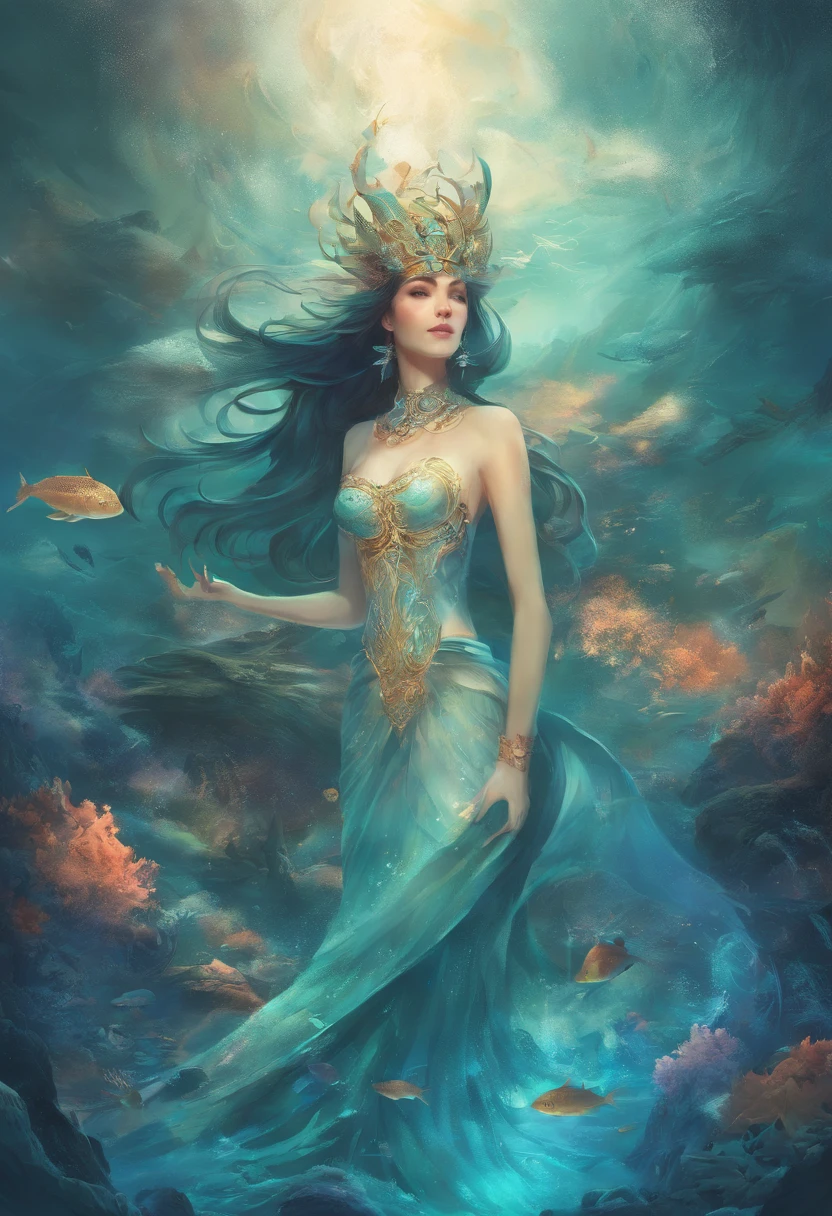 Golden Blue Korean Mermaid,blue sea bottom,blister,splash,Water driftinermaid swims gracefully,The mermaid's face is clear and detailed,Surrounded by various corals,sea fish,sea turtle,dolphin,Very happy underwater world,There is an underwater castle ruins in the background,12k full hd, photo realistic, real picture