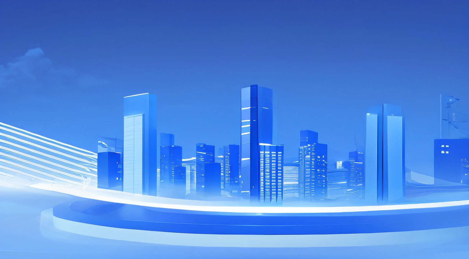 A blue tech background，There is an abstract silhouette of the city，Tech lines，Light blue