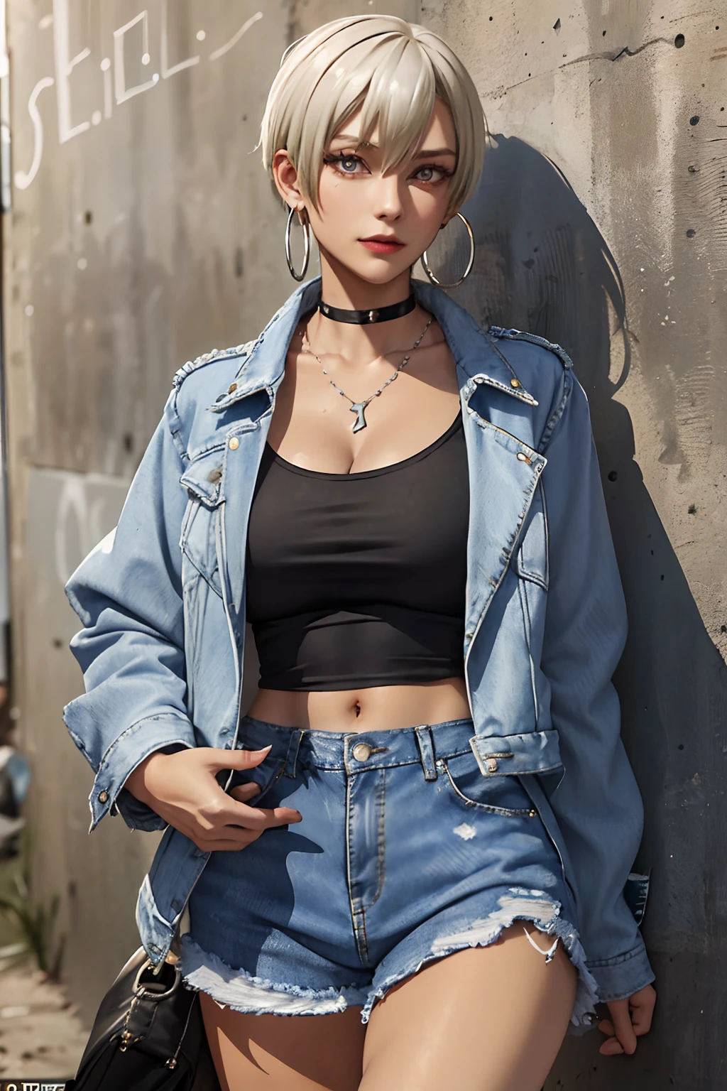 (masterpiece:1.2, best quality), (1lady, solo, upper body:1.2), Hair: buzz cut, Clothing: oversized, distressed denim jacket with patches and pins, paired with black skinny jeans and combat boots, Accessories: silver hoop earrings and a black choker necklace, Hanging out in an underground music venue or street art exhibit