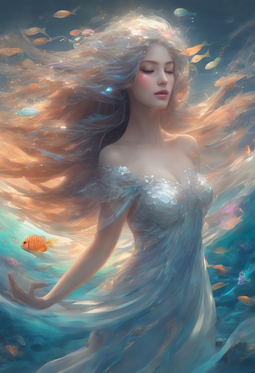 (best quality,4k,8k,highres,masterpiece:1.2),ultra-detailed,(realistic,photorealistic,photo-realistic:1.37),beautiful detailed eyes,beautiful detailed lips,extremely detailed eyes and face,longeyelashes,goddess,panoramic view,underwater scenery,ethereal,serene,mermaid,crystal clear water,sunlight filtering through the waves,coral reefs,shoals of colorful fish,dancing seaweed,waving jellyfish,sandy seabed,glimmering seashells,silver scales,flowing hair,white flowing gown,graceful pose,subtle glow,translucent fins,sparkling treasure in her hands,fading sunlight in the horizon,calm and peaceful ambiance