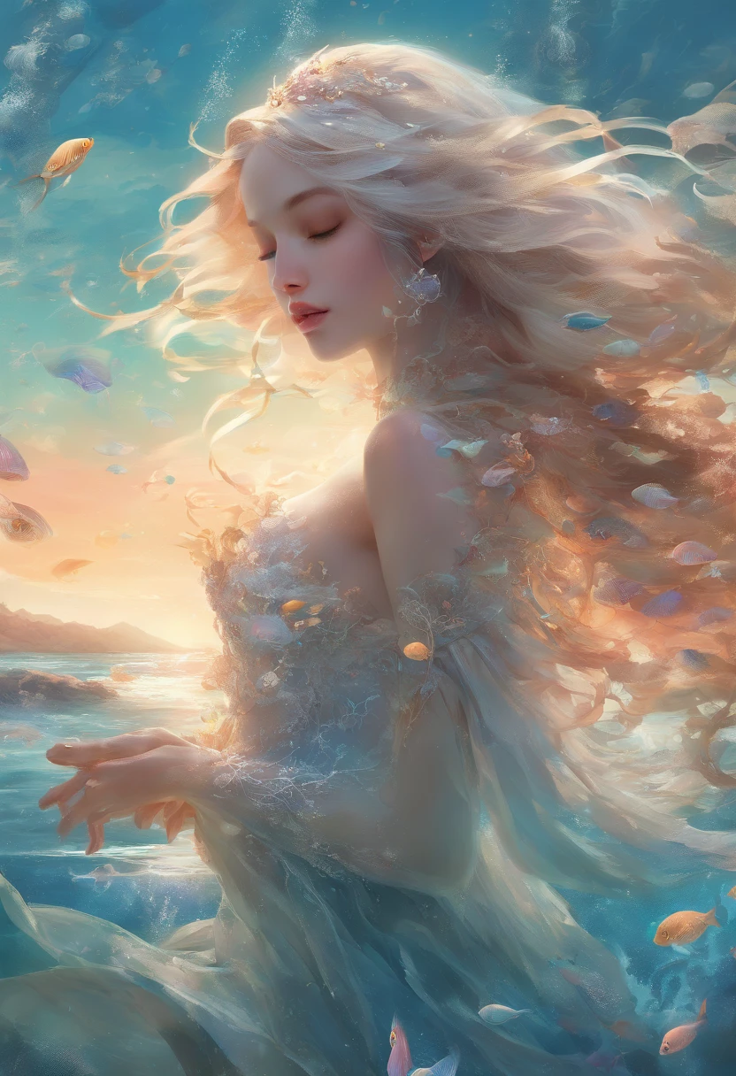 (best quality,4k,8k,highres,masterpiece:1.2),ultra-detailed,(realistic,photorealistic,photo-realistic:1.37),beautiful detailed eyes,beautiful detailed lips,extremely detailed eyes and face,longeyelashes,goddess,panoramic view,underwater scenery,ethereal,serene,mermaid,crystal clear water,sunlight filtering through the waves,coral reefs,shoals of colorful fish,dancing seaweed,waving jellyfish,sandy seabed,glimmering seashells,silver scales,flowing hair,white flowing gown,graceful pose,subtle glow,translucent fins,sparkling treasure in her hands,fading sunlight in the horizon,calm and peaceful ambiance