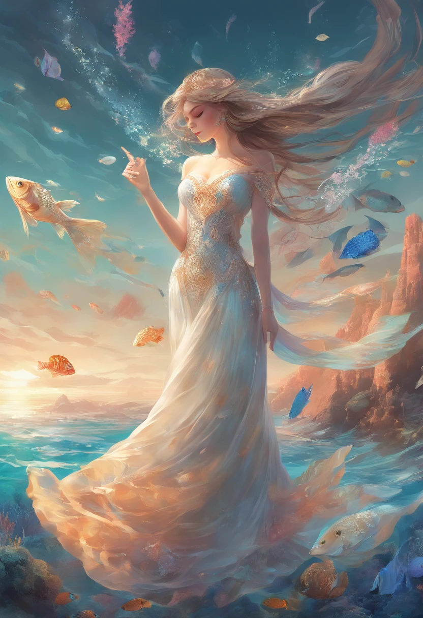 (best quality,4k,8k,highres,masterpiece:1.2),ultra-detailed,(realistic,photorealistic,photo-realistic:1.37),beautiful detailed eyes,beautiful detailed lips,extremely detailed eyes and face,longeyelashes,goddess,panoramic view,underwater scenery,ethereal,serene,mermaid,crystal clear water,sunlight filtering through the waves,coral reefs,shoals of colorful fish,dancing seaweed,waving jellyfish,sandy seabed,glimmering seashells,silver scales,flowing hair,white flowing gown,graceful pose,subtle glow,translucent fins,sparkling treasure in her hands,fading sunlight in the horizon,calm and peaceful ambiance