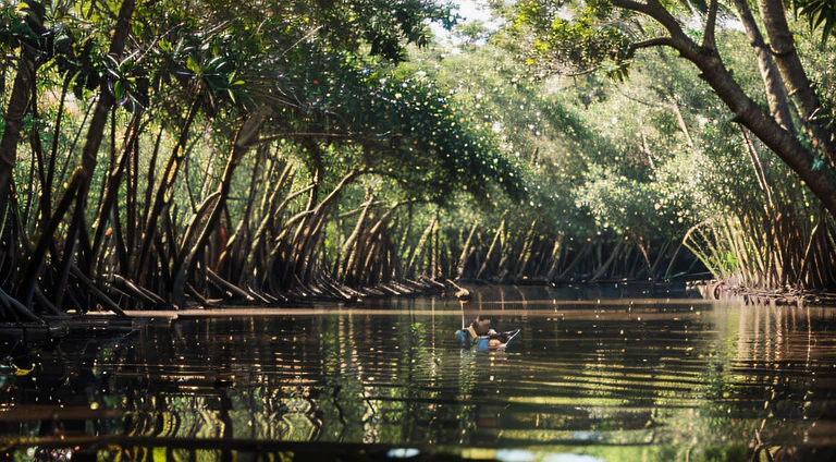 a hyper realistic photography of the Mangrove in Langkawi, Nikon D850 DSLR 4k camera, 100mm lens, F 1.2 aperture setting, bright and natural lighting, vibrant, fun and relaxing atmosphere