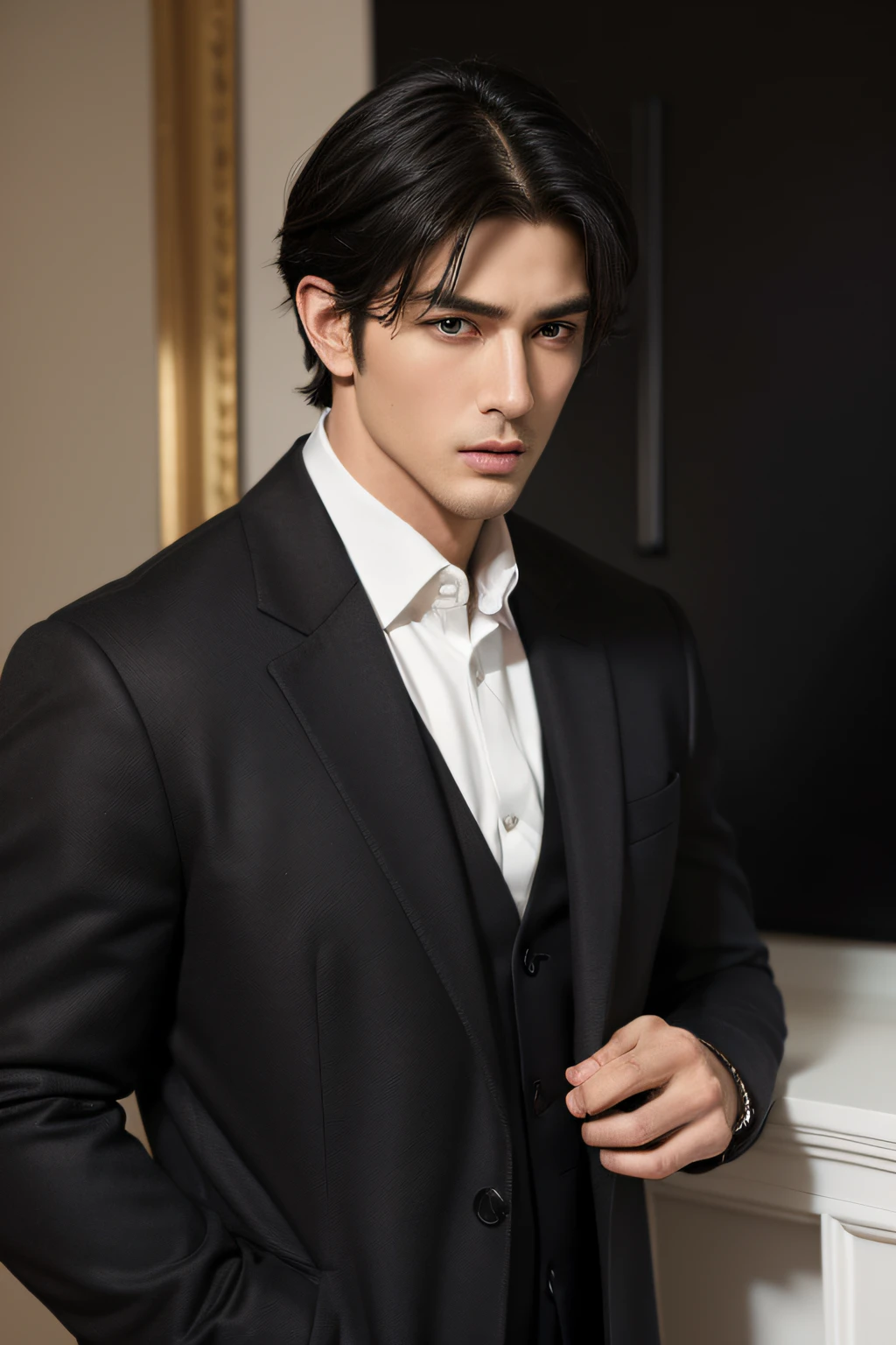 (Highest resolution, distinct_image) Best quality, ((Handsome male)), Support each other, Masterpiece, High detail, Semi-realistic, with short black hair, Black hair, bangs, mature, Young, Tall and strong, The right hand body wears a black coat, Stern and serious, Tall and handsome, Majestic and majestic, exquisite facial features, ((With lens lens))