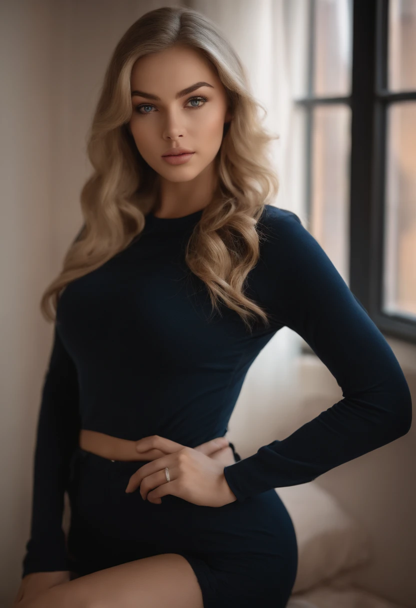 Arafed Full Woman, Sexy Girl with Blue Eyes, , Ultra Realistic, Meticulously Detailed, Portrait of Sophie Mudd, Blonde Hair and Big Eyes, Selfie of a Young Woman, Bedroom Eyes, Violet Myers, No Makeup, Natural Makeup, Looking Directly at the Camera, face artgram, subtle make-up, Impressive photo of the whole body kneeling on the bed, In the bedroom, Medium and large size chest, allowing the face to be seen clearly, portrait