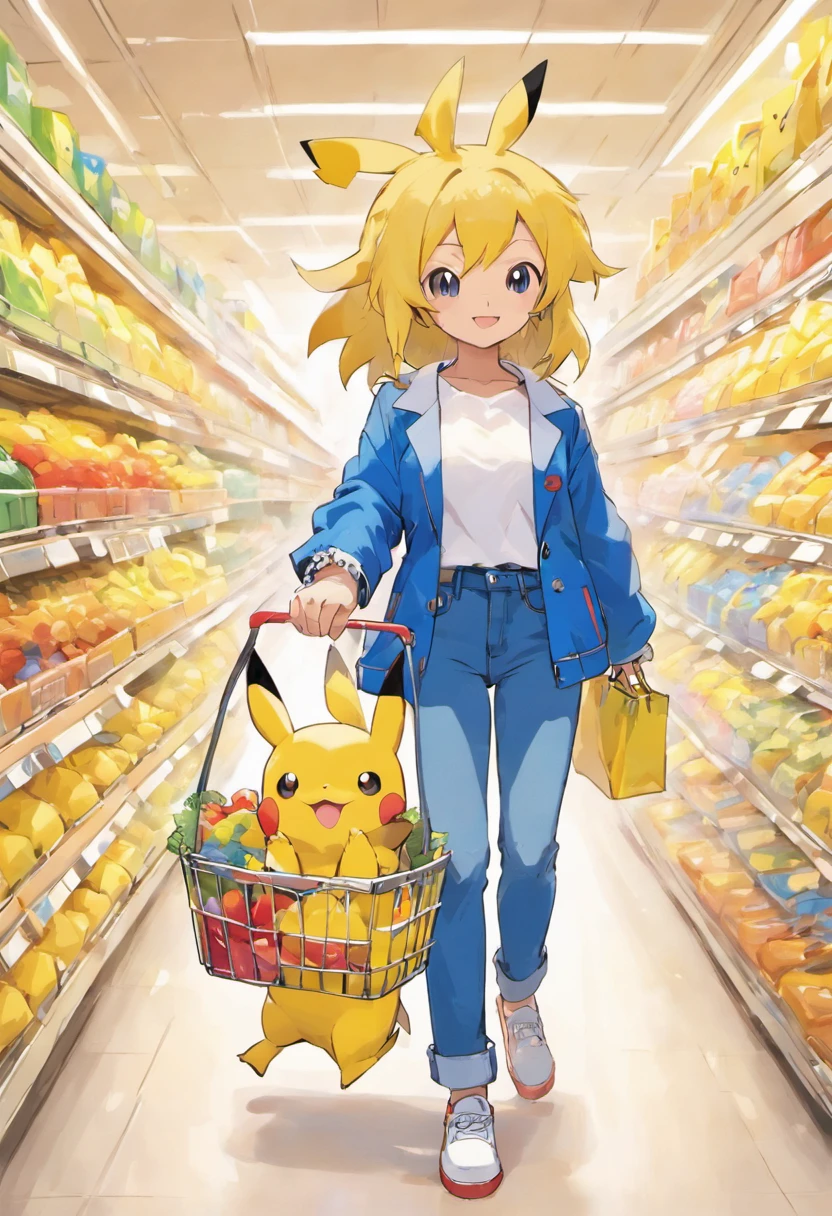 Pokémon: Pikachu wears a white shirt, blue jacket, And blue jeans with a shopping basket to go to the supermarket