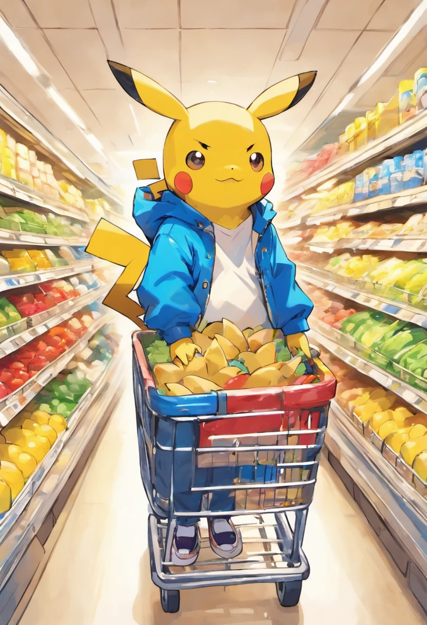 Pokémon: Pikachu wears a white shirt, blue jacket, And blue jeans with a shopping basket to go to the supermarket