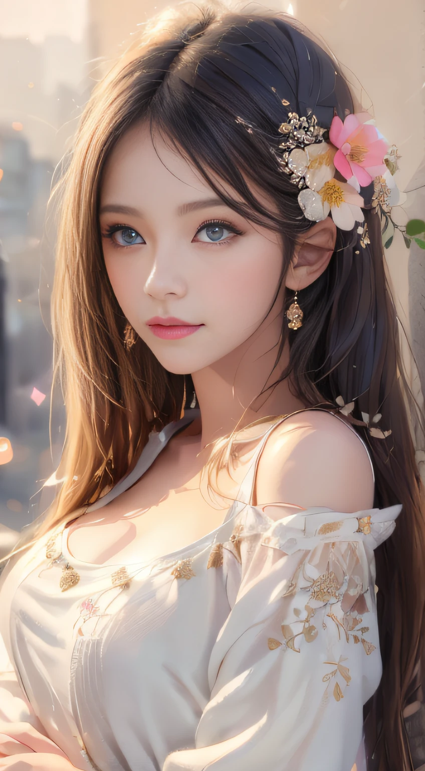 best qualtiy，tmasterpiece，hight resolution，1girll，dingdall effect，realisticlying，edge lit，two tone lighting，（highdetailskin：1.2），8K UHD，pure，Dolce，flowers background，Colorful background，Based on physical rendering，Perfect Light and Shadow，extreme hight detail，Pink tones，eye reflections，Raised sexy，perfect bodies，Superb Beauty，largeeyes，long eyelasher，Delicate eyes，big shiny eyes，Minor pupil reflex，Shoulder and neck details，The texture of the pupil is delicate，Perfect eyes，black pupils，best qualtiy，tmasterpiece，16 K，a picture，head portrait，Bigchest，long-sleeve，Take care of your chest，Large breasts，Delicate avatars