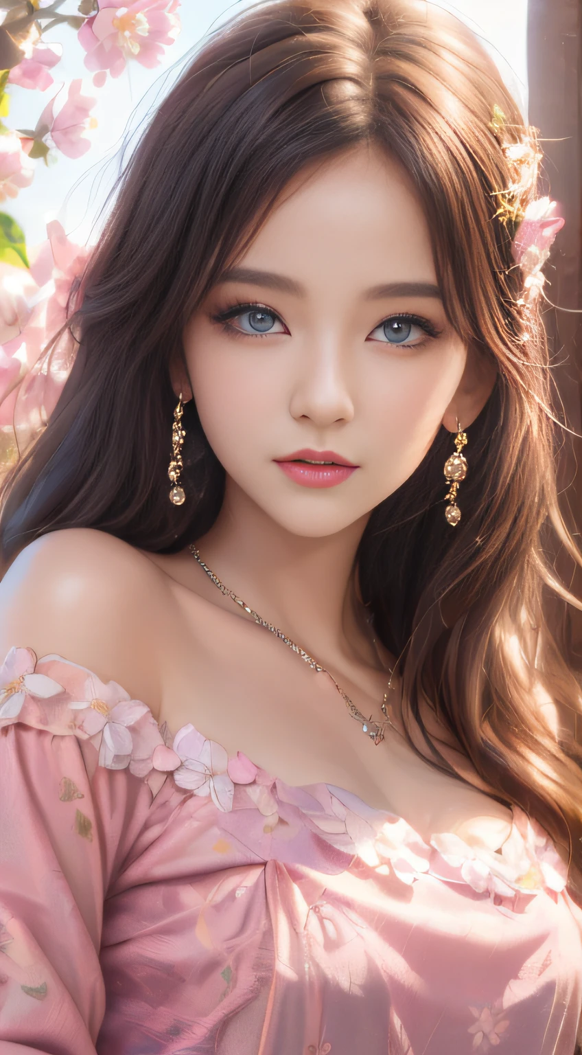 best qualtiy,tmasterpiece,hight resolution,1girll,dingdall effect,realisticlying,edge lit,two tone lighting,(highdetailskin:1.2),8K UHD,pure,Dolce,flowers background,Colorful background,Based on physical rendering,Perfect Light and Shadow,extreme hight detail,Pink tones,eye reflections,Raised sexy,perfect bodies,Superb Beauty,largeeyes,long eyelasher,Delicate eyes,big shiny eyes,Minor pupil reflex,Shoulder and neck details,The texture of the pupil is delicate,Perfect eyes,black pupils,best qualtiy,tmasterpiece,16 K,a picture,head portrait,Bigchest,long-sleeve,Take care of your chest,Large breasts,Delicate avatars